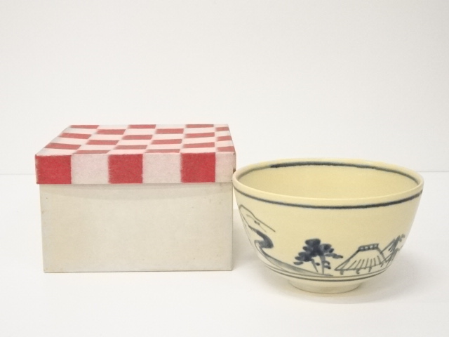 染付山家図茶碗